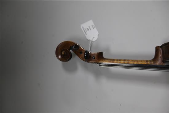 A violin stamped Thompsons London, length of back 35.2cm, cased